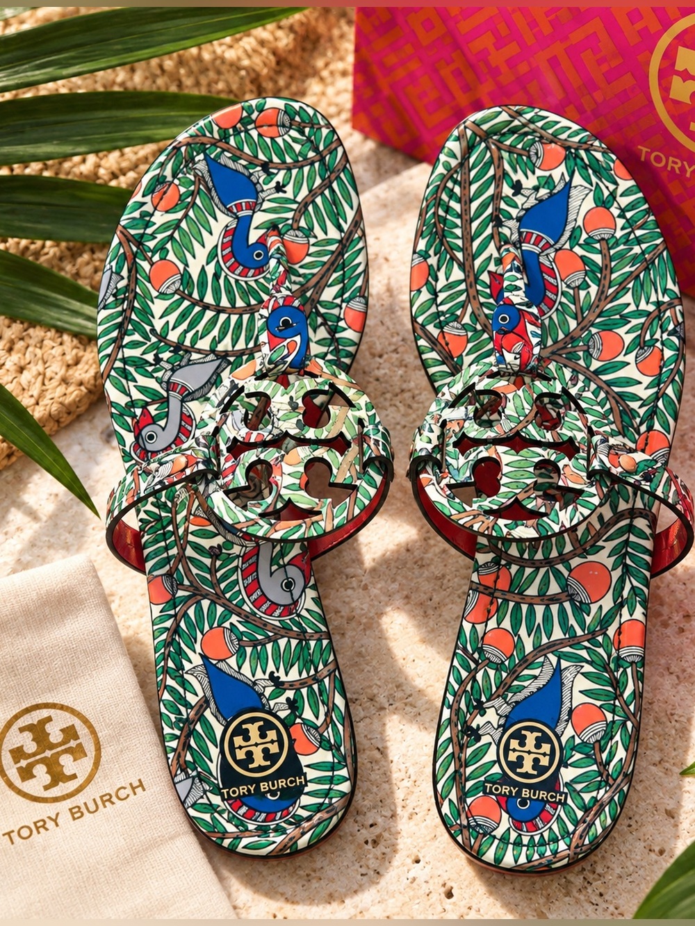 Tory Burch Multicolor Bird-Print Slide Sandals in Green, Blue & Coral